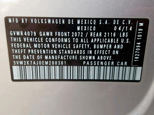 3VW2K7AJ0EM288381 - 2014 VOLKSWAGEN JETTA BASE SILVER photo 10