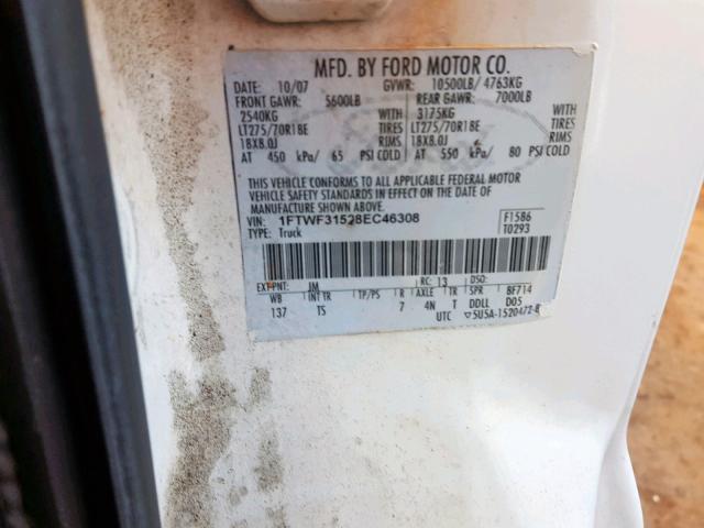 1FTWF31528EC46308 - 2008 FORD F350 SRW S WHITE photo 10