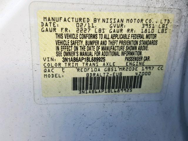 3N1AB6AP1BL689925 - 2011 NISSAN SENTRA 2.0 WHITE photo 10