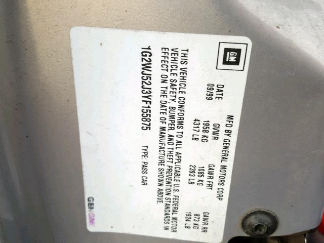 1G2WJ52J3YF155875 - 2000 PONTIAC GRAND PRIX SILVER photo 10