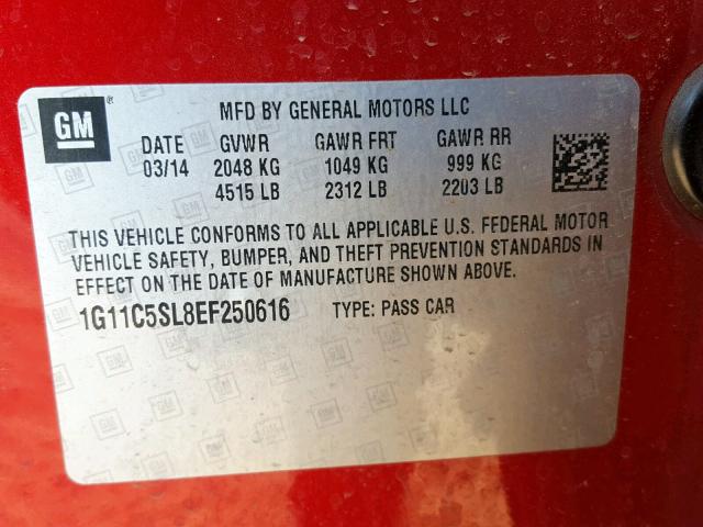 1G11C5SL8EF250616 - 2014 CHEVROLET MALIBU 1LT წითელი ფოტო 10