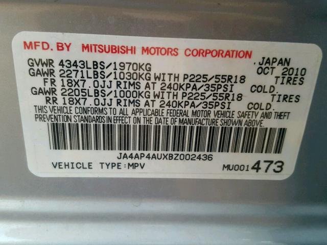 JA4AP4AUXBZ002436 - 2011 MITSUBISHI OUTLANDER SILVER photo 10