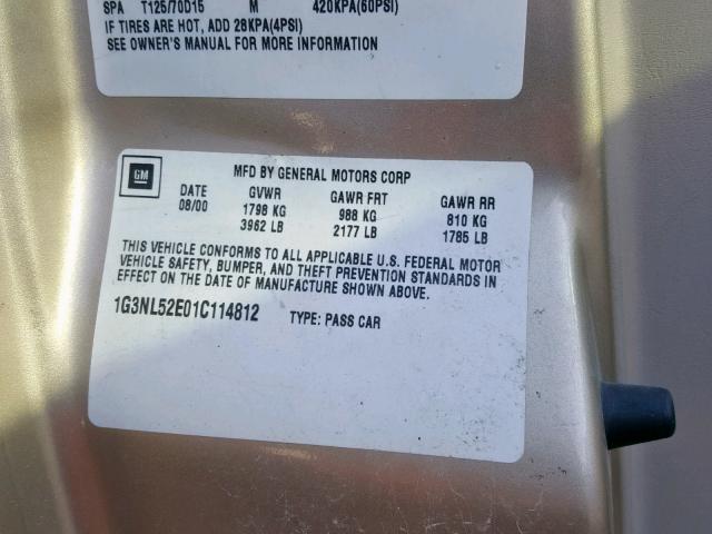 1G3NL52E01C114812 - 2001 OLDSMOBILE ALERO GL GOLD photo 10