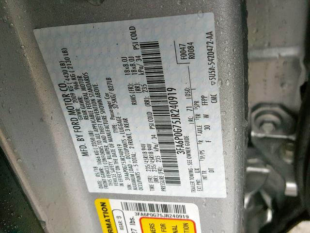 3FA6P0G75JR240919 - 2018 FORD FUSION S SILVER photo 10