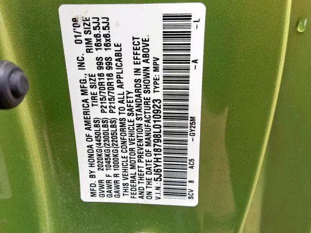 5J6YH18798L010923 - 2008 HONDA ELEMENT EX GREEN photo 10