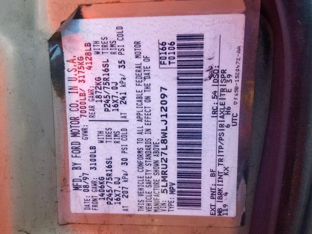 5LMRU27L8WLJ12097 - 1998 LINCOLN NAVIGATOR Бежевый фото 10