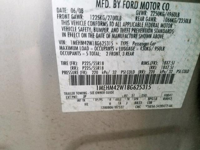 1MEHM42W18G625315 - 2008 MERCURY SABLE PREM SILVER photo 10