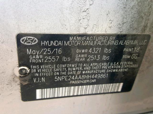 5NPE24AA8HH449861 - 2017 HYUNDAI SONATA ECO SILVER photo 10