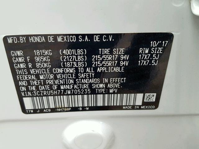 3CZRU5H77JM705235 - 2018 HONDA HR-V EXL WHITE photo 10