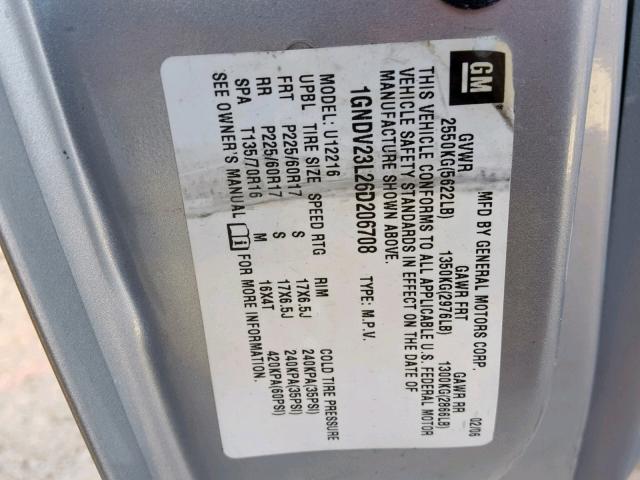 1GNDV23L26D206708 - 2006 CHEVROLET UPLANDER L 银色 照片 10