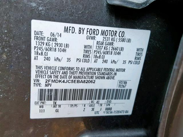 2FMDK4JC5EBA82062 - 2014 FORD EDGE SEL GRAY photo 10