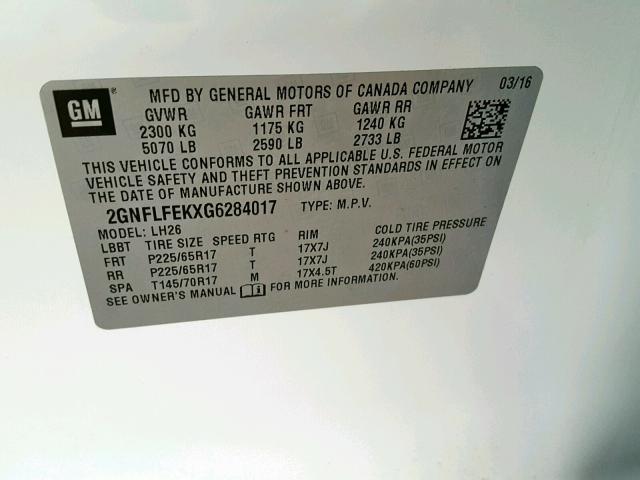 2GNFLFEKXG6284017 - 2016 CHEVROLET EQUINOX LT WHITE photo 10