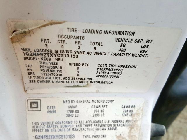 1G2NF52TXYC510153 - 2000 PONTIAC GRAND AM S WHITE photo 10