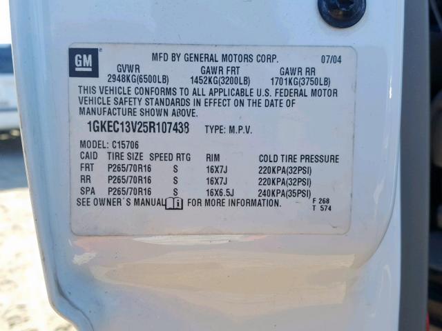 1GKEC13V25R107438 - 2005 GMC YUKON WHITE photo 10