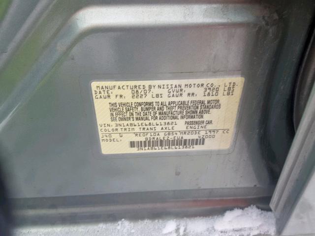 3N1AB61E68L613821 - 2008 NISSAN SENTRA 2.0 GRAY photo 10