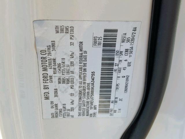 1FMEU75889UA34755 - 2009 FORD EXPLORER L WHITE photo 10