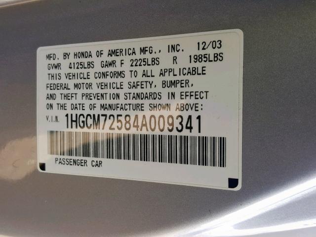 1HGCM72584A009341 - 2004 HONDA ACCORD EX SILVER photo 10