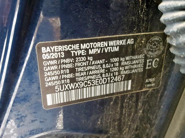 5UXWX9C53E0D12467 - 2014 BMW X3 XDRIVE2 BLUE photo 10