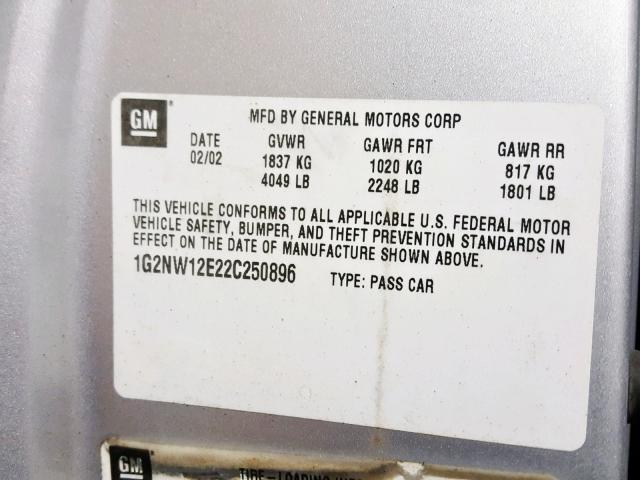 1G2NW12E22C250896 - 2002 PONTIAC GRAND AM G SILVER photo 10