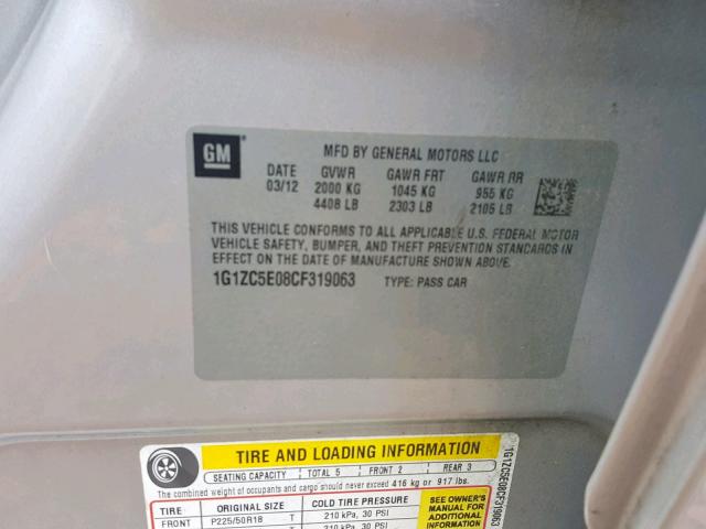 1G1ZC5E08CF319063 - 2012 CHEVROLET MALIBU 1LT 银色 照片 10