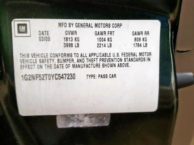 1G2NF52T0YC547230 - 2000 PONTIAC GRAND AM S GREEN photo 10