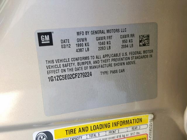 1G1ZC5E02CF279224 - 2012 CHEVROLET MALIBU 1LT 金色 照片 10