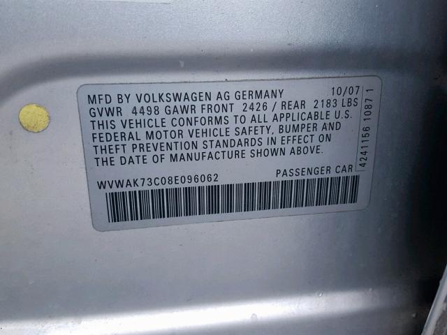 WVWAK73C08E096062 - 2008 VOLKSWAGEN PASSAT KOM SILVER photo 10