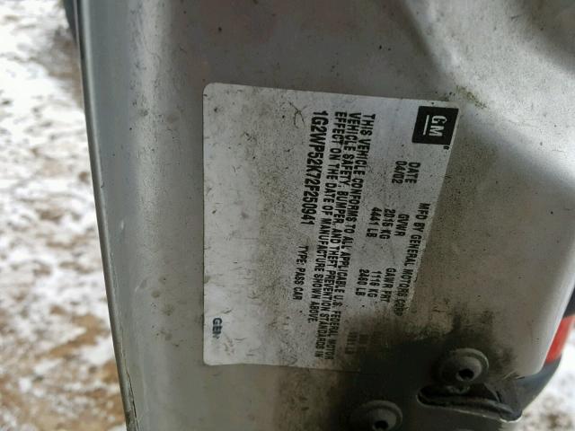 1G2WP52K72F250941 - 2002 PONTIAC GRAND PRIX ვერცხლისფერი ფოტო 10