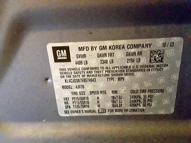 KL4CJGSB7EB574943 - 2014 BUICK ENCORE GRAY photo 10