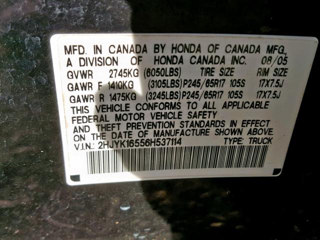 2HJYK16556H537114 - 2006 HONDA RIDGELINE BLACK photo 10