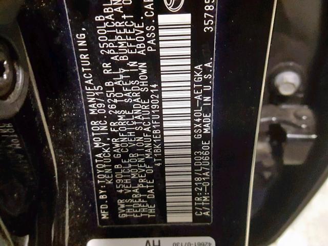 4T1BK1EB1FU190214 - 2015 TOYOTA AVALON XLE BLACK photo 10