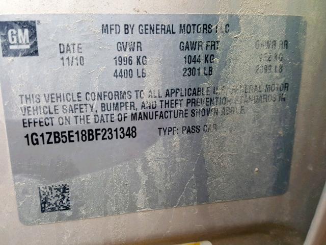 1G1ZB5E18BF231348 - 2011 CHEVROLET MALIBU LS 金色 照片 10