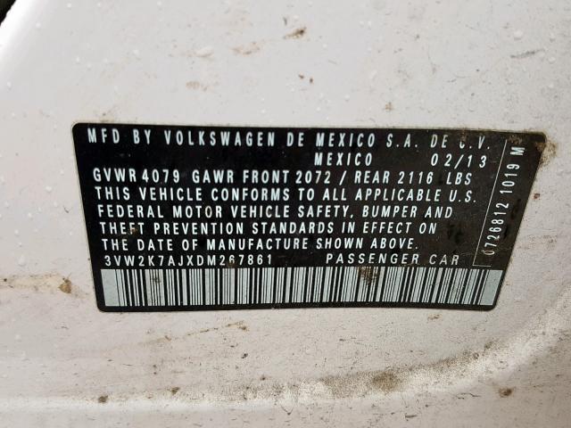 3VW2K7AJXDM267861 - 2013 VOLKSWAGEN JETTA BASE Սպիտակ լուսանկար 10