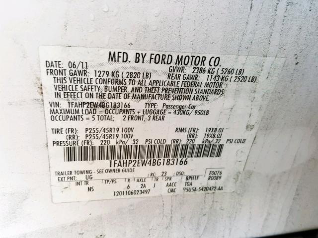 1FAHP2EW4BG183166 - 2011 FORD TAURUS SEL WHITE photo 10