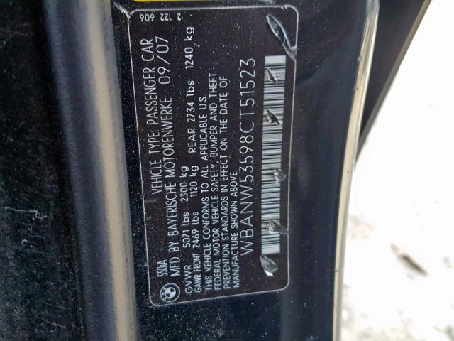 WBANW53598CT51523 - 2008 BMW 550 I BLACK photo 10