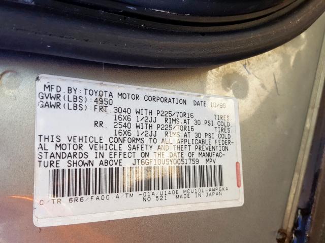 JT6GF10U5Y0051759 - 2000 LEXUS RX 300 GRAY photo 10