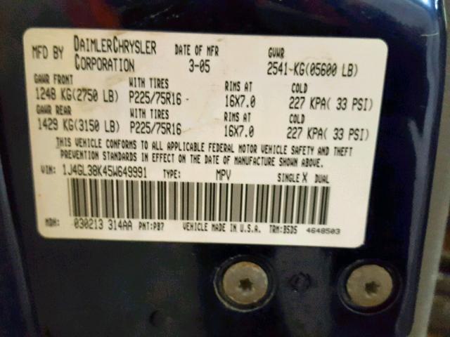 1J4GL38K45W649991 - 2005 JEEP LIBERTY RE BLUE photo 10