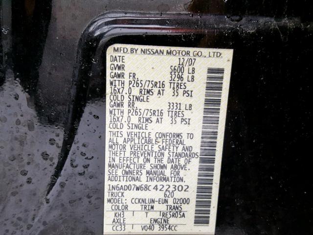 1N6AD07W68C422302 - 2008 NISSAN FRONTIER C BLACK photo 10