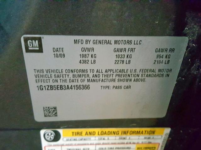 1G1ZB5EB3A4156366 - 2010 CHEVROLET MALIBU LS ნაცრისფერი ფოტო 10