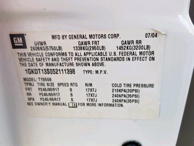 1GKDT13S052111398 - 2005 GMC ENVOY WHITE photo 10