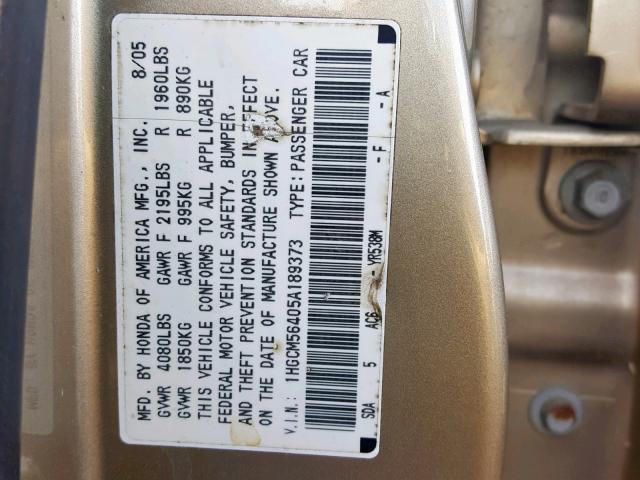 1HGCM56405A189373 - 2005 HONDA ACCORD LX GOLD photo 10