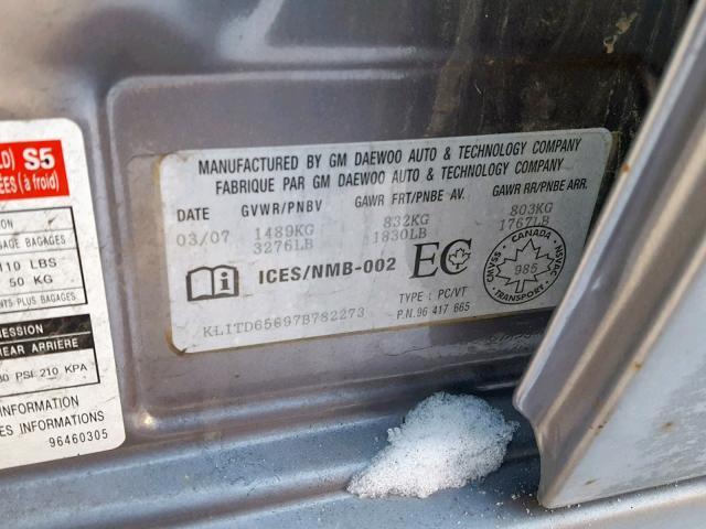 KL1TD65697B782273 - 2007 CHEVROLET AVEO BASE Boz foto 10