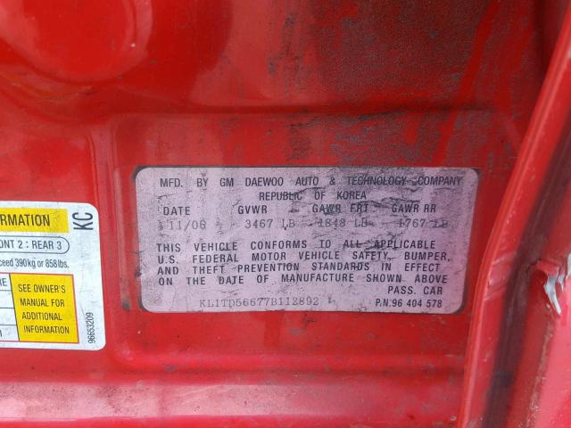 KL1TD56677B112892 - 2007 CHEVROLET AVEO BASE Қызыл фото 10