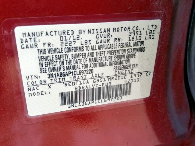 3N1AB6AP1CL697220 - 2012 NISSAN SENTRA 2.0 RED photo 10