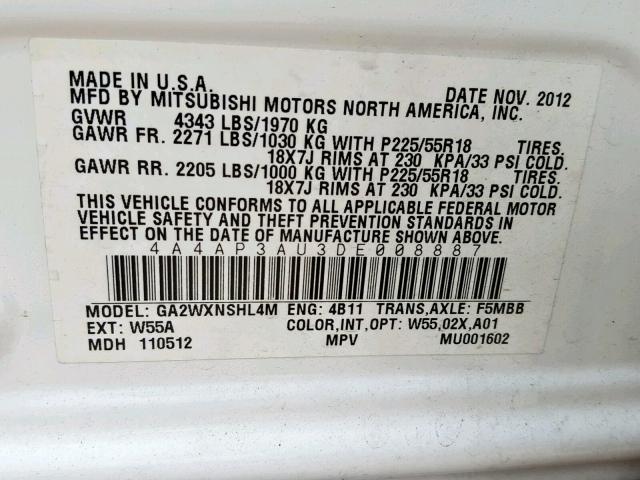 4A4AP3AU3DE008887 - 2013 MITSUBISHI OUTLANDER WHITE photo 10