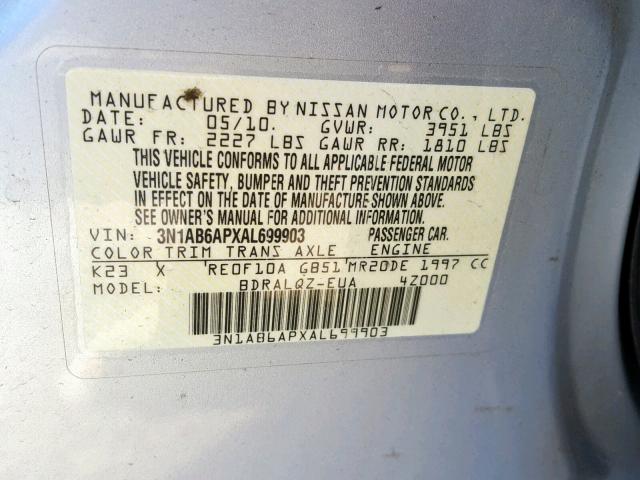 3N1AB6APXAL699903 - 2010 NISSAN SENTRA 2.0 SILVER photo 10