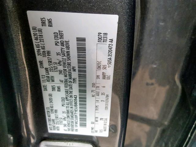 1FMCU0F71EUB80543 - 2014 FORD ESCAPE S GRAY photo 10