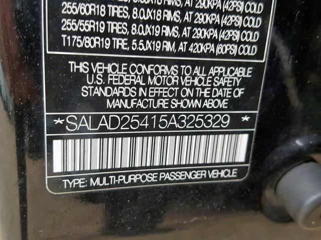 SALAD25415A325329 - 2005 LAND ROVER LR3 SE BLACK photo 10