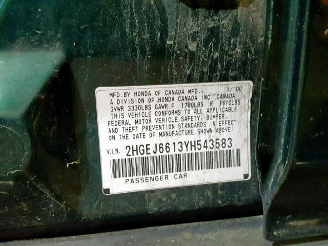 2HGEJ6613YH543583 - 2000 HONDA CIVIC BASE Yaşıl foto 10