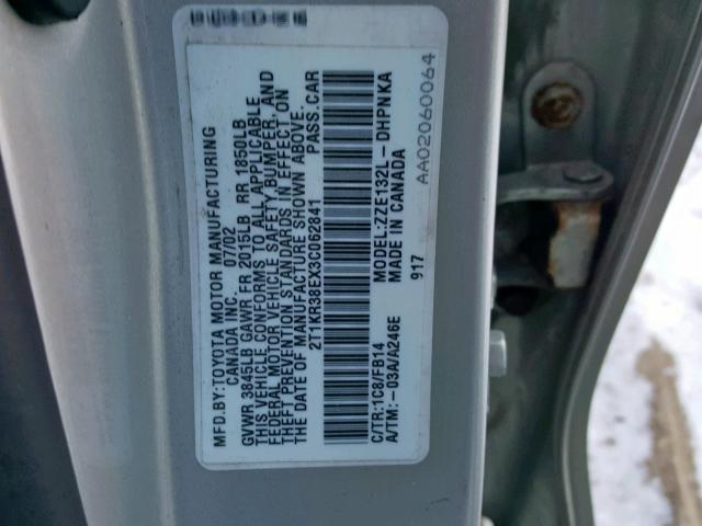 2T1KR38EX3C062841 - 2003 TOYOTA COROLLA MA GRAY photo 10